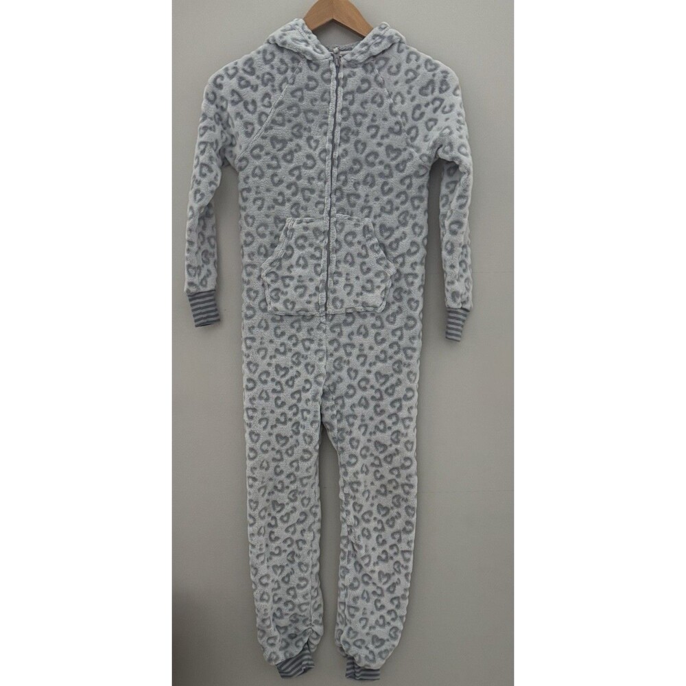 More than Magic Snow Leopard Print Hooded Jumpsuit One Piece Pjs Zip Up Size 7/8